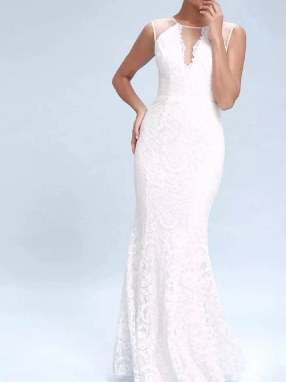 Lulu's White Lace Sheath Wedding Gown with Illusion Cap Sleeves